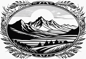 negative blackwork with mountains, hills and wheat field at bottom tattoo idea