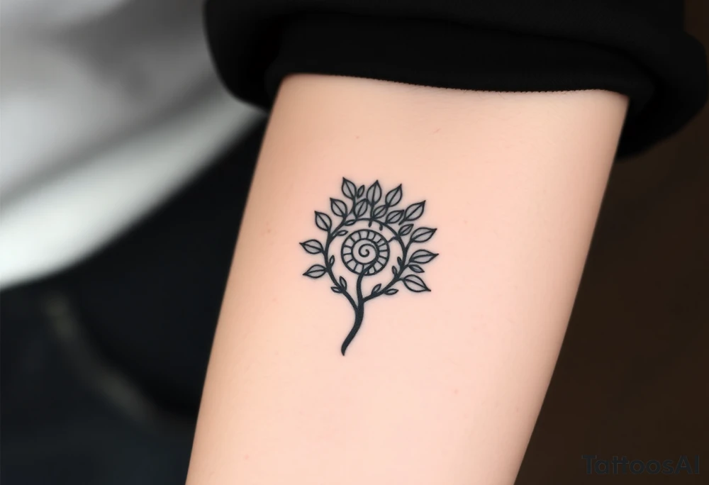 Fibonacci spiral shell inside of tree full of lots of leaves tattoo idea