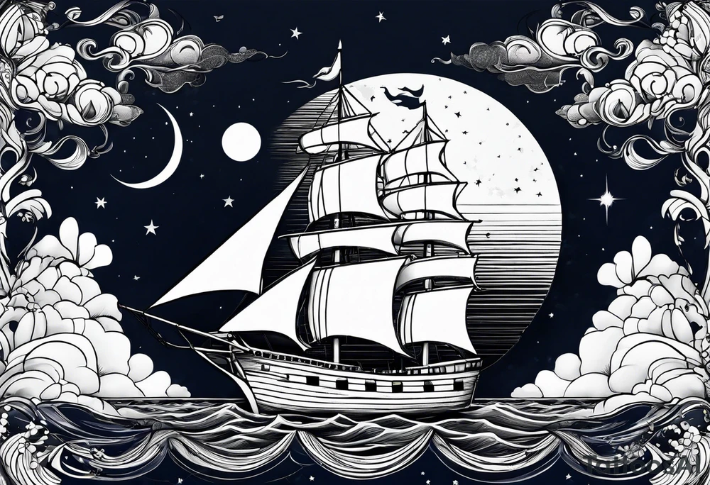 bateau, phare maritime et lune bleu tattoo idea