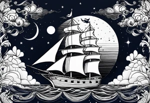 bateau, phare maritime et lune bleu tattoo idea