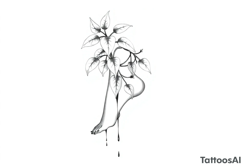 plant with long leaves, dripping like ink, growing up the left foot to the cleavage tattoo idea