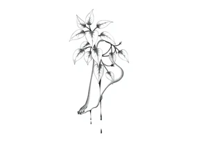 plant with long leaves, dripping like ink, growing up the left foot to the cleavage tattoo idea