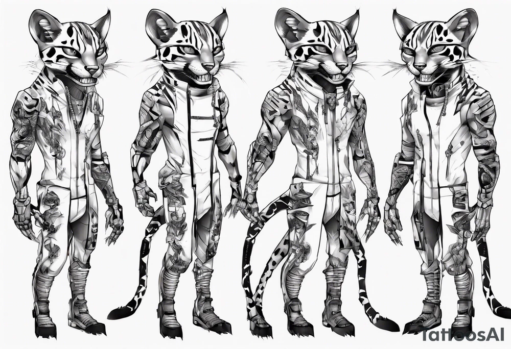 cybernetic ocelot full body teeth showing tattoo idea