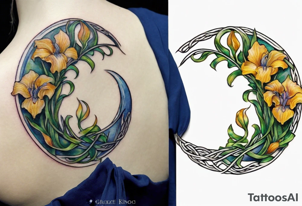 Create a small, colorful Vincent van Gogh Irises tattoo in the form of a crescent, with vines in Celtic knot style gracefully intertwining at a central point in the middle of the wreath. The intended placement is on the upper chest. The middle needs mountains. The overall design should be small in size while maintaining a delicate and artistic aesthetic. Pay attention to the graceful flow of the vines and the placement of the irises to achieve a refined and elegant look. tattoo idea