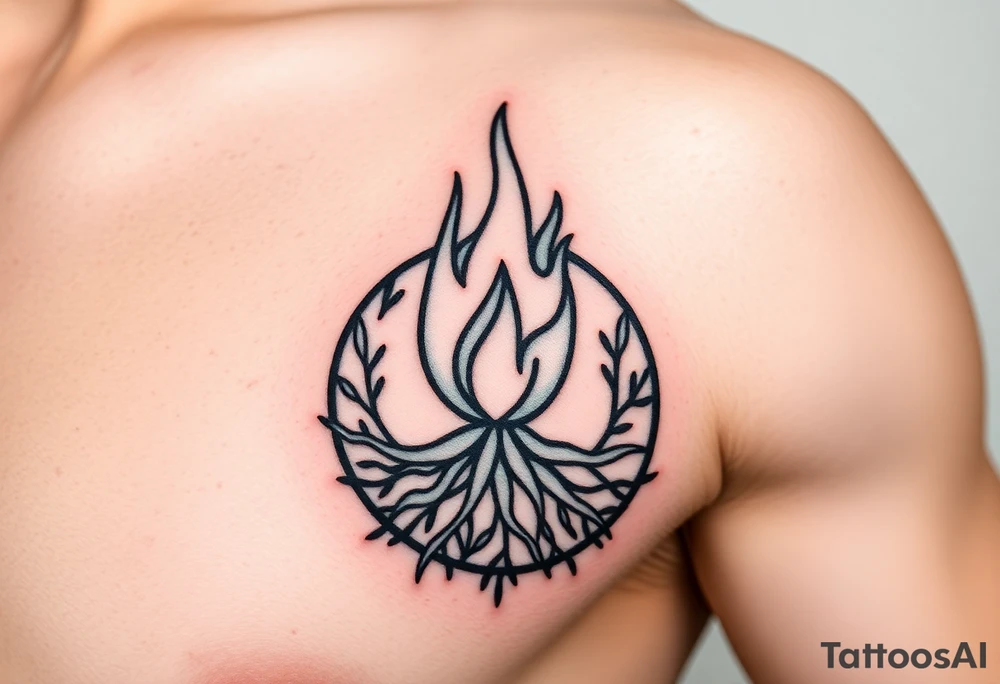 flame in a blooming roots circle tattoo idea