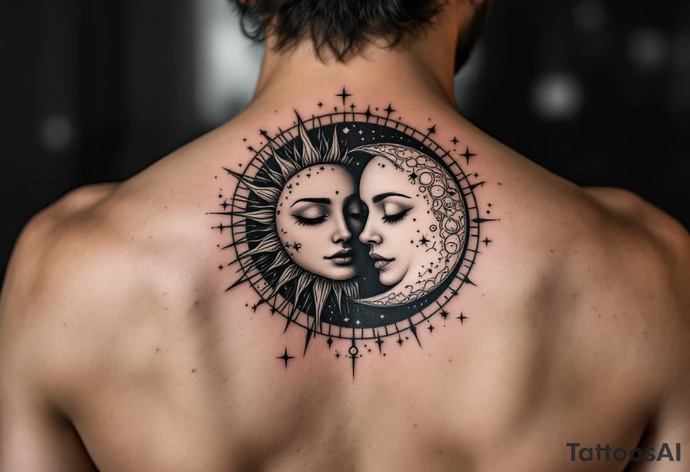 celestial sun and moon embrace with constellation patterns tattoo idea