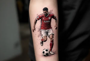 A realistic figure of a Slavia striker in full red-and-white kit dribbling a black and white ball across the forearm. tattoo idea