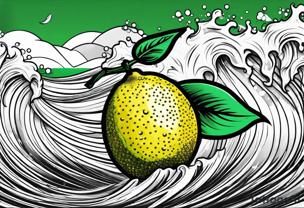 A lemon-Buoy with a green leaf-flag on waves tattoo idea