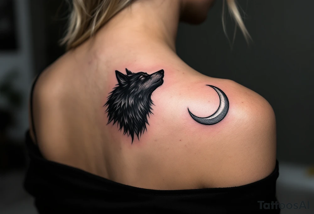 A howling black wolf for his shoulder blade and a silver crescent moon for her shoulder blade. tattoo idea