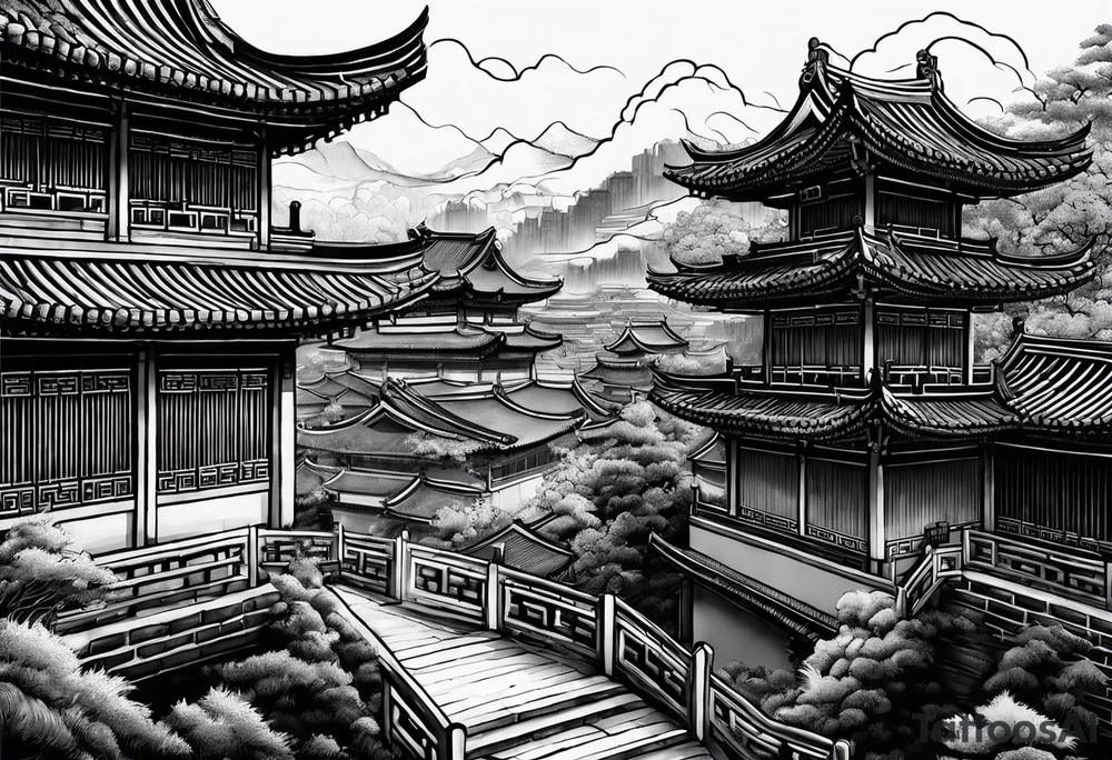 Chinese wall, realistic,chinese art, buildings, surroundings tattoo idea