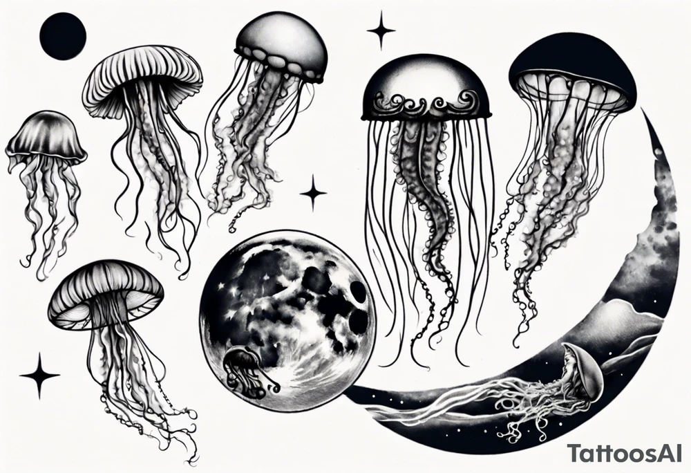 1 jellyfish swimming in front of the moon tattoo idea