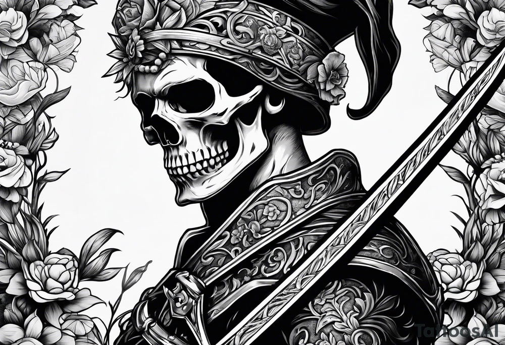 Skull with a sword going thru chin thru top of head with flowers around the sword tattoo idea