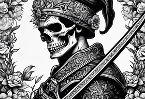Skull with a sword going thru chin thru top of head with flowers around the sword tattoo idea