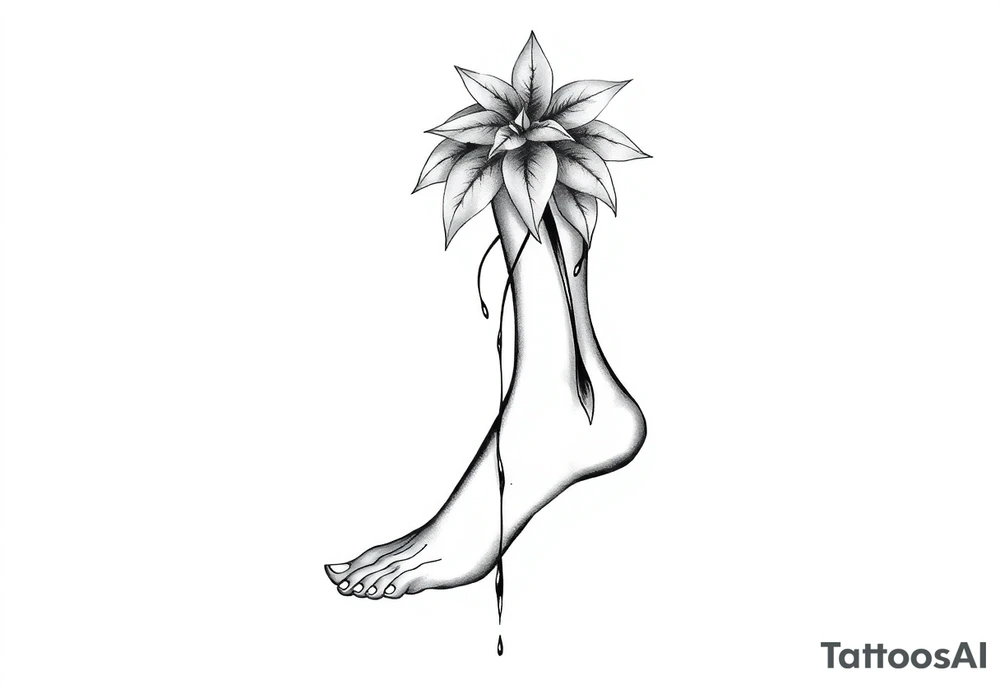 plant with long leaves, dripping like ink, growing from left foot to the cleavage tattoo idea