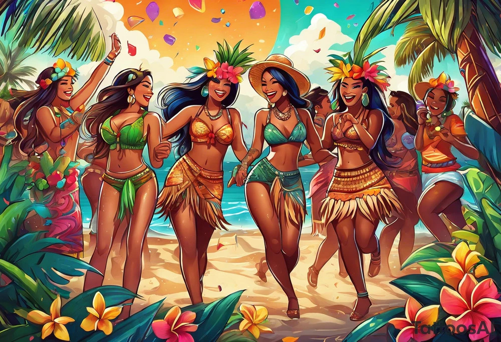 TIKI beach  dance party scene with tropical drinks, sexy girls dancing, music notes, confetti tattoo idea
