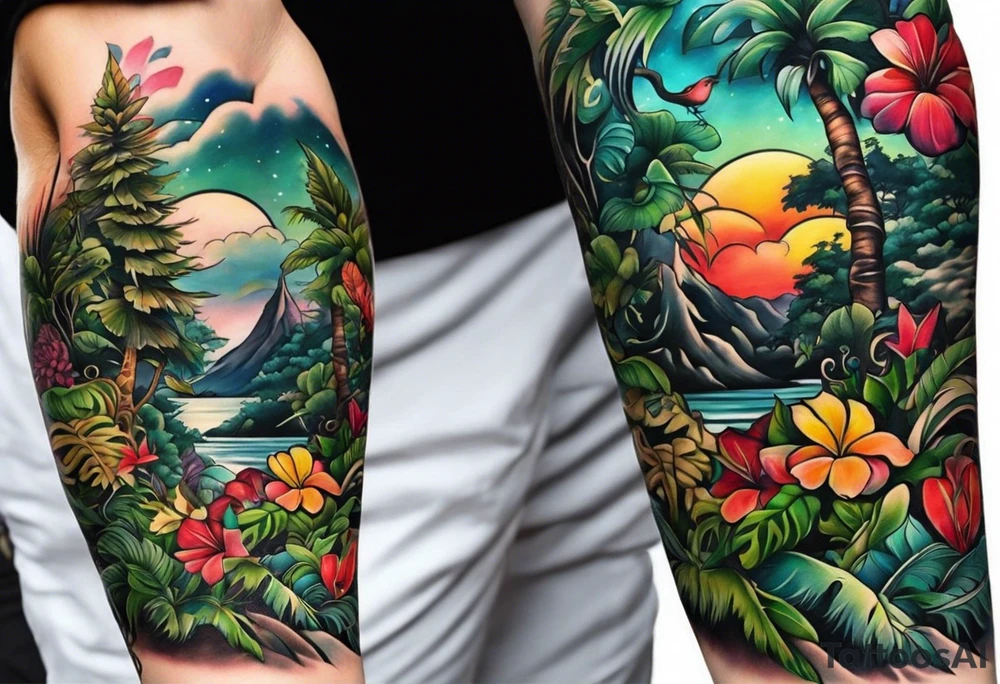 A full arm sleeve tattoo that is jungled themed tattoo idea