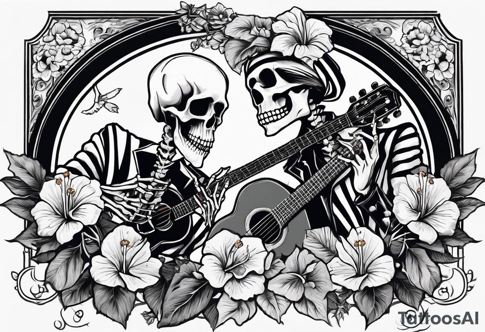 a female skeleton holding a hibiscus flower and a male skeleton playing a guitar. The scene should capture a moment of connection between the two, with the female skeleton attentively listening to the music played by the male skeleton. tattoo idea