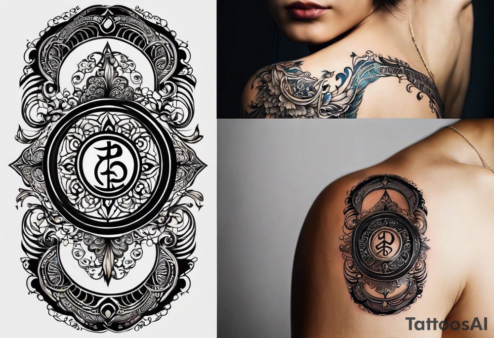 a tattoo whose main theme is balance but also resembles new begining, strong willpower, peace and loyalty. This should be for the front part of the shoulder. maybe add the ying-yang symbol somewhere in the tattoo. Tattoo should have an equal amount of blue and red along with the overall tattoo being black tattoo idea