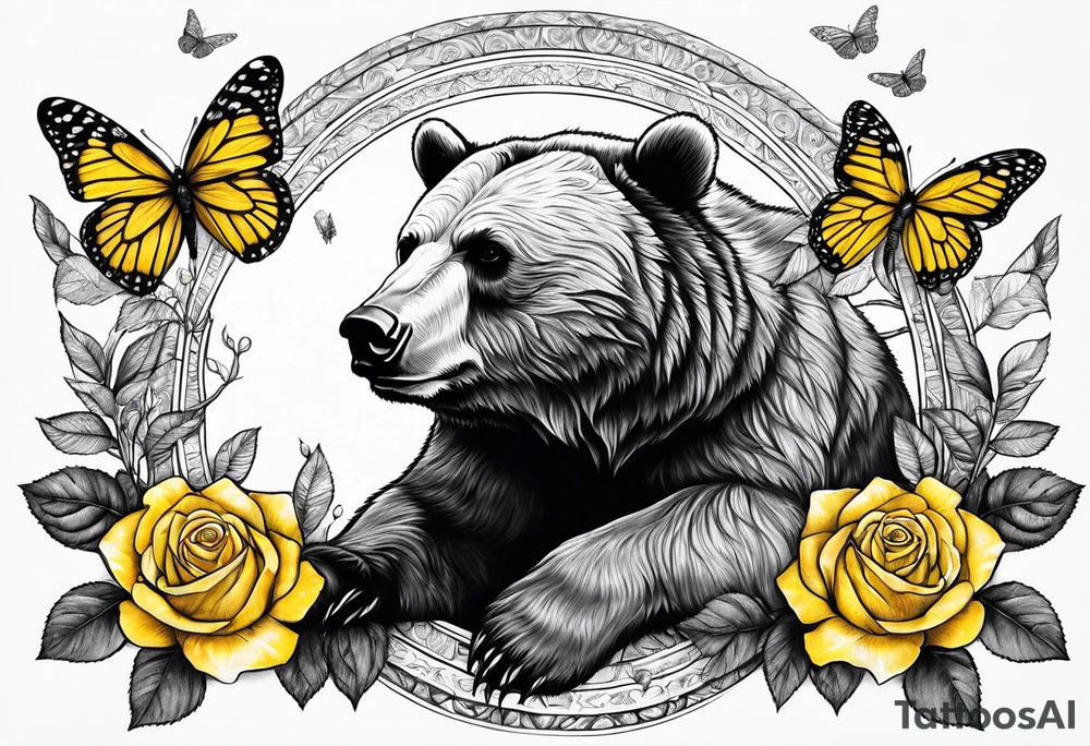 A bear sitting under the tree of life with three yellow roses, and three butterflies tattoo idea