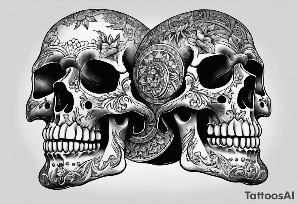 two skulls play Russian roulette as we kiss tattoo idea