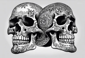 two skulls play Russian roulette as we kiss tattoo idea