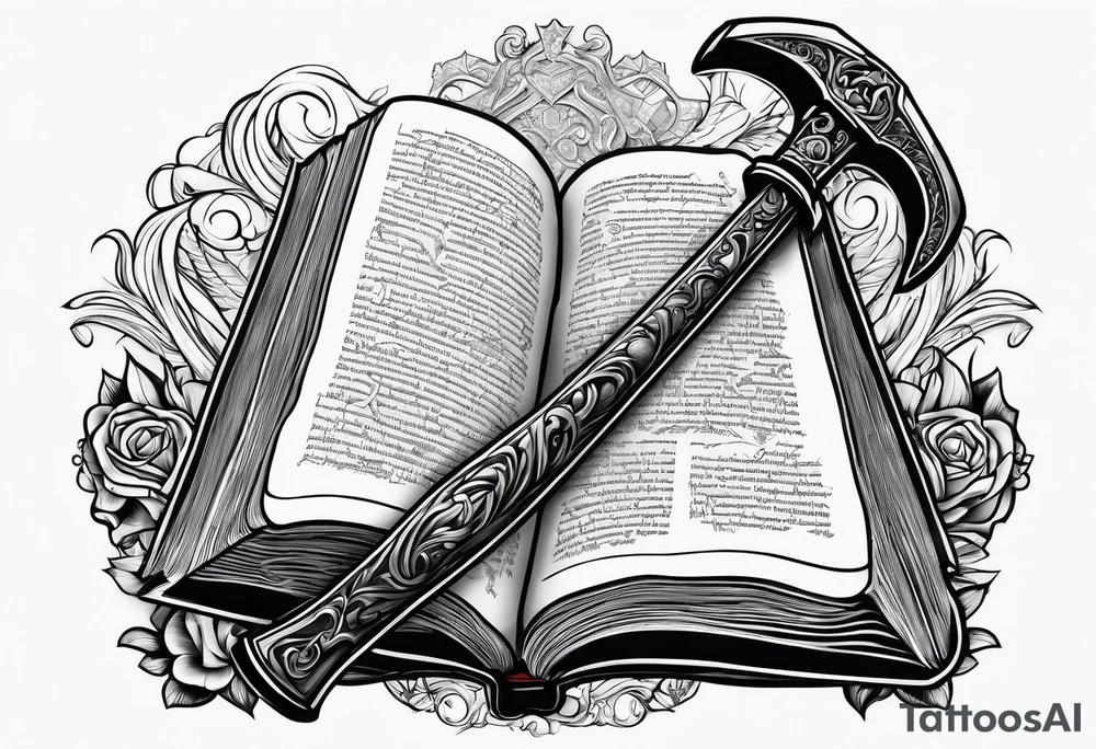 An opened bible with a battle Axe tattoo idea