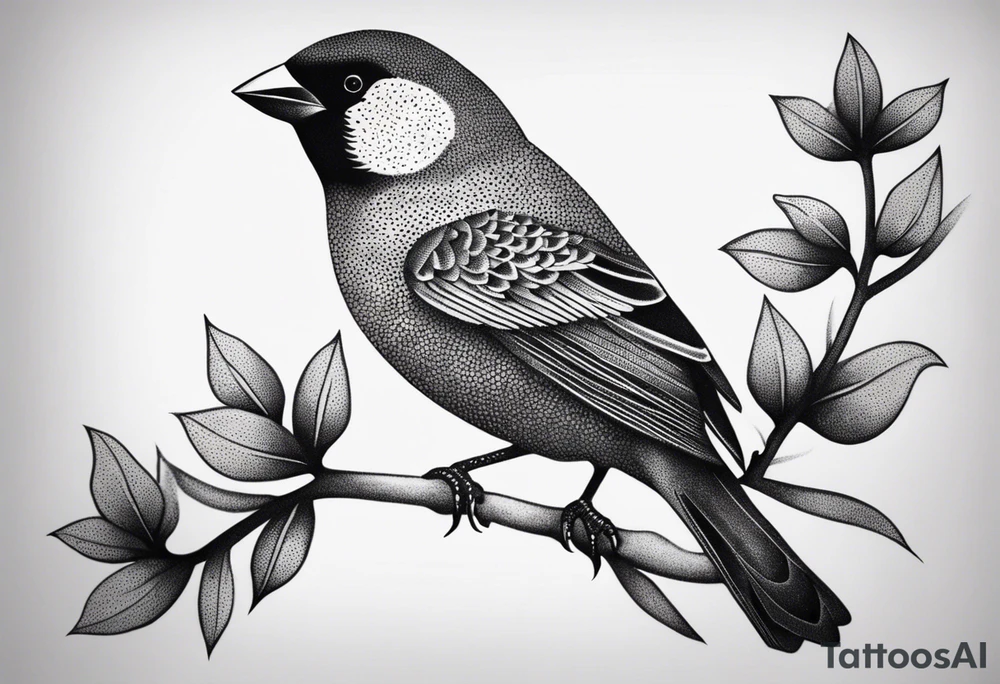 “Generate a simple tattoo design of a finch, showcasing its distinctive shape and a few delicate leaves to enhance the composition.” tattoo idea