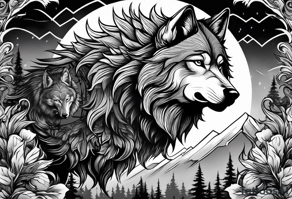 Powerful storm with wolf and forrest tattoo idea