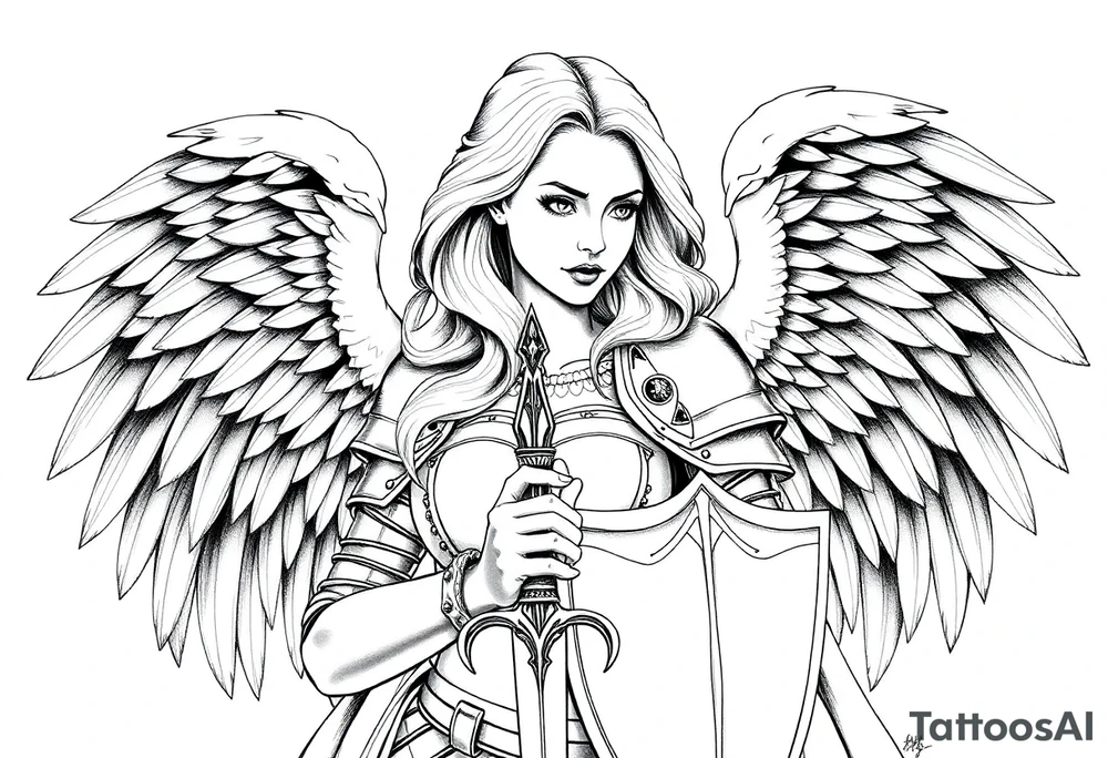 femme blonde cheveux long ondulé, en armure de chevalier tenant épée à la mais et de grandes ailes d'anges déployées tattoo idea