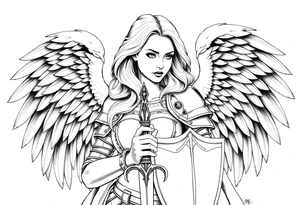 femme blonde cheveux long ondulé, en armure de chevalier tenant épée à la mais et de grandes ailes d'anges déployées tattoo idea