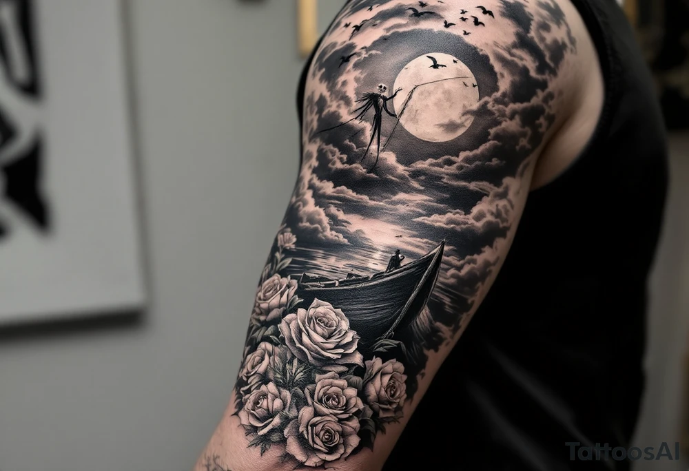 jack skellington smoking and fishing, on a boat of roses, cloudy sky, full moon, birds, tattoo idea