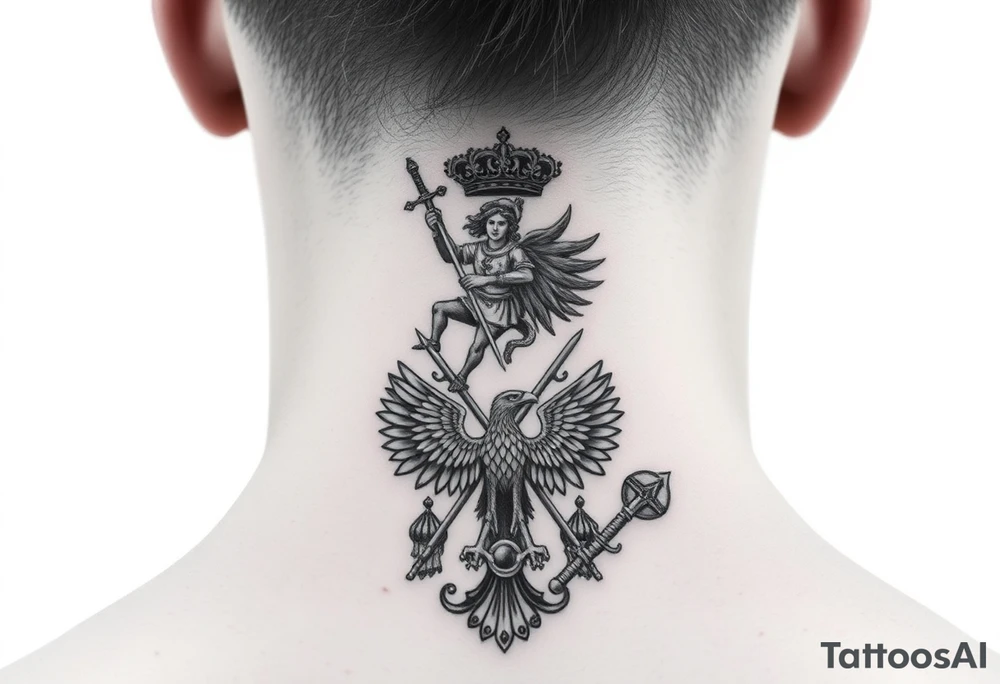 St. George slaying the dragon (hugely common in Russian Orthodox art)
Russian imperial crown above the eagle
Crossed swords or a Russian sabre
The Kremlin or St. Basil's Cathedral scene tattoo idea