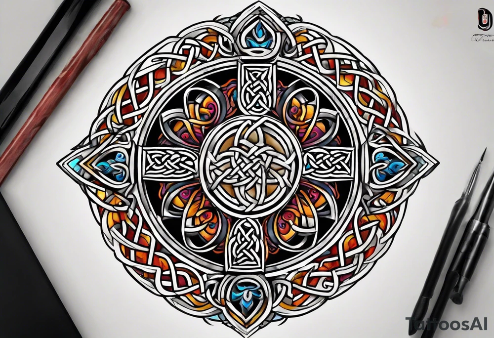 Small circular 3d colored shoulder Celtic tattoo tattoo idea