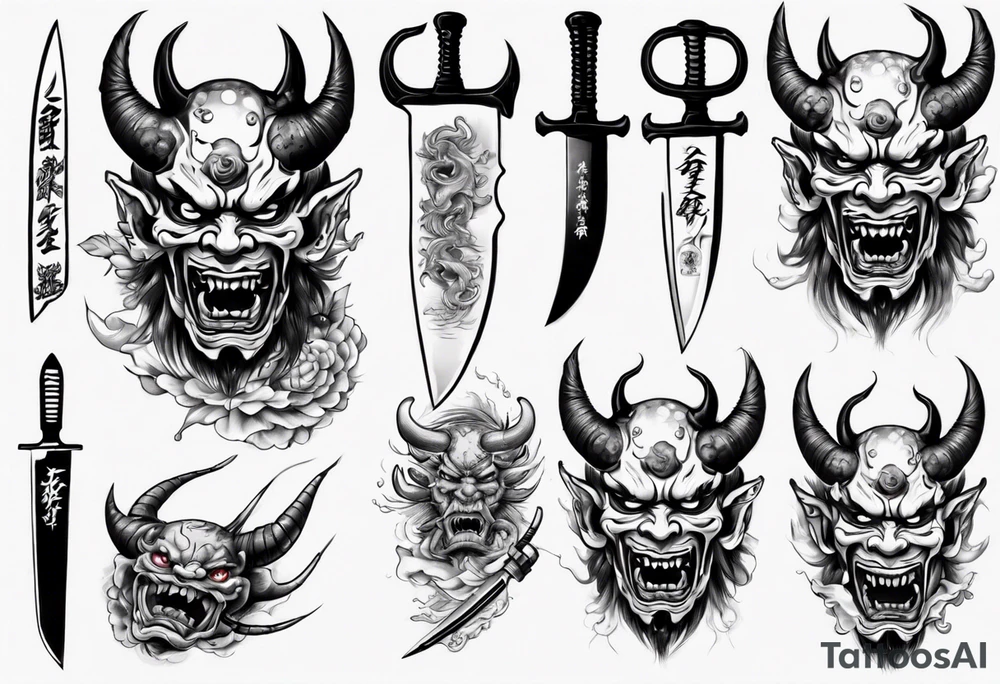 Japanese demon coming out of a knife blade tattoo idea