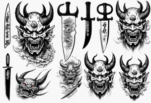 Japanese demon coming out of a knife blade tattoo idea