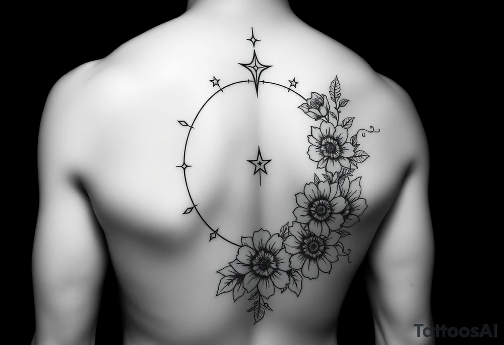 Flower sleeve surrounded by moon and star design for arm tattoo idea