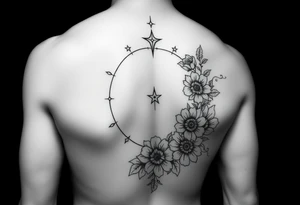 Flower sleeve surrounded by moon and star design for arm tattoo idea