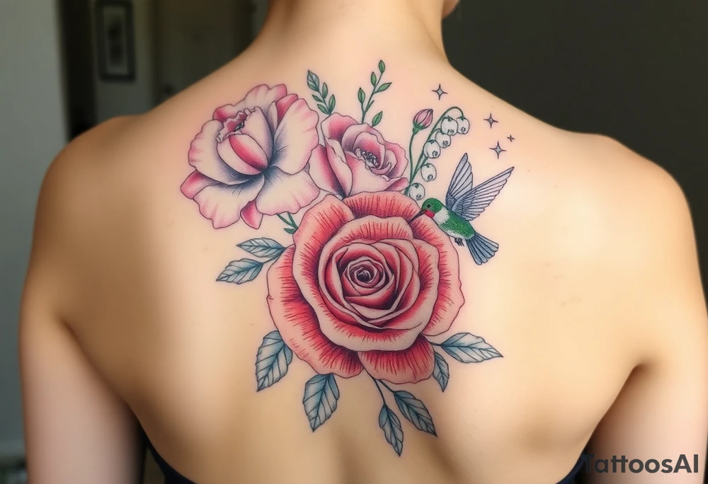 Bouquet of flowers with a carnation, rose, Lily of the valley, delphinium with stems Starting upper middle back to right shoulder With humming bird feeding on rose tattoo idea