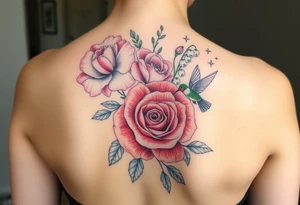 Bouquet of flowers with a carnation, rose, Lily of the valley, delphinium with stems Starting upper middle back to right shoulder With humming bird feeding on rose tattoo idea