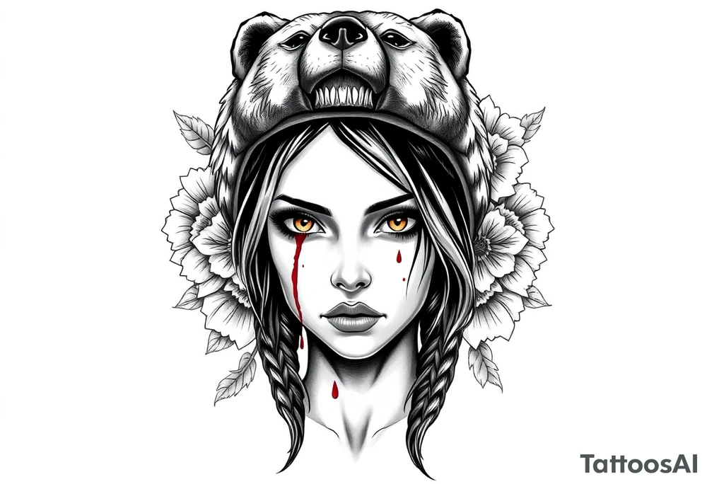 Young Symmetrical Beautiful Woman, looking forward, with colored eyes, shedding a tear, with battle scars and blood on face, with soft look, wearing a mean looking bear headdress on head, with flower background tattoo idea