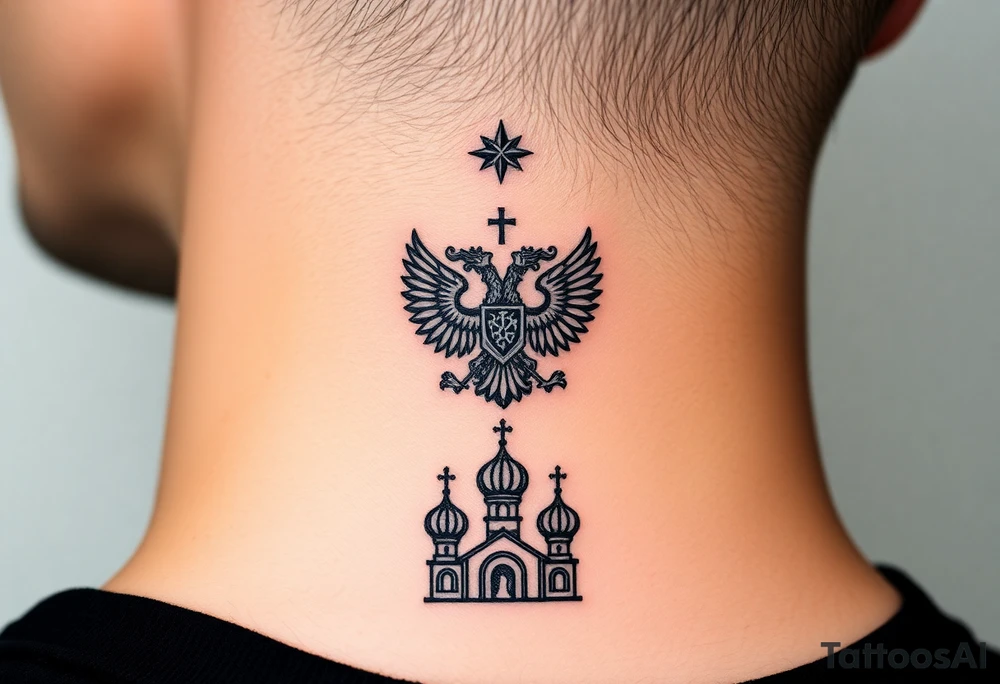 Stacked Vertical Column 

Russian star — small, bold
Middle: Miniature double-headed eagle — simplified, cleaner lines to suit the smaller space
Bottom: Orthodox church dome(s) with a small Virgin Mary silhouette beneath tattoo idea