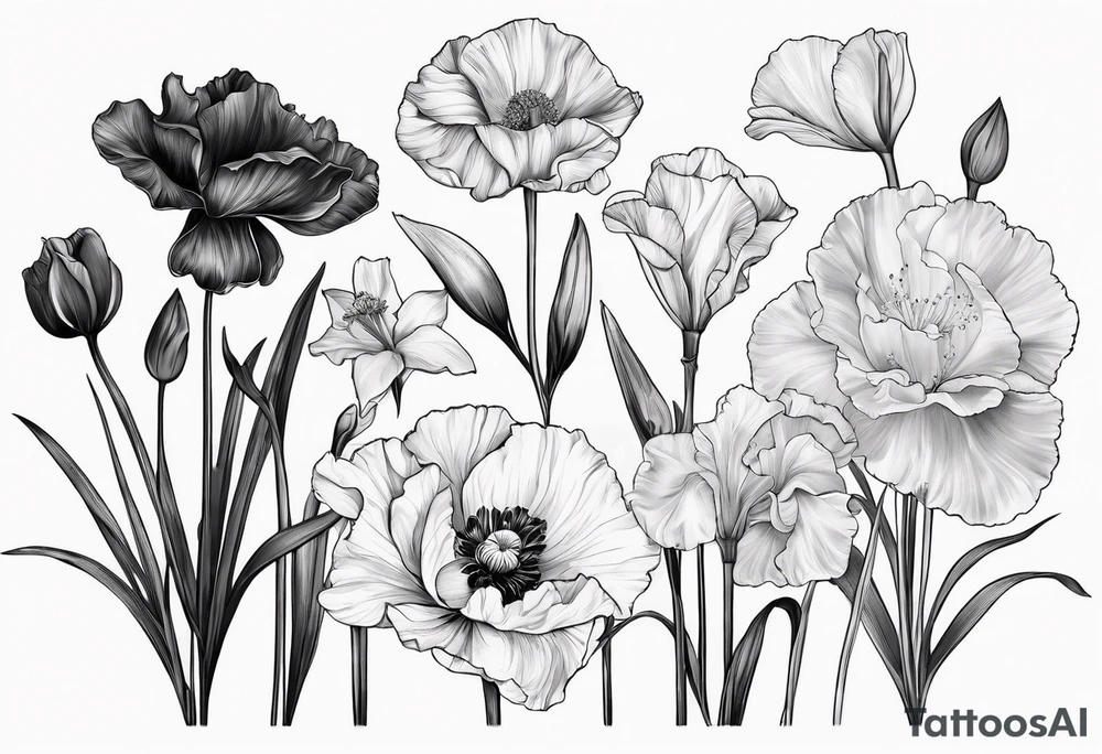 One carnation
One snow drop
One iris
One poppy
One cosmo
One narcissus
Surrounding the silohette of a woman tattoo idea