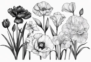 One carnation
One snow drop
One iris
One poppy
One cosmo
One narcissus
Surrounding the silohette of a woman tattoo idea