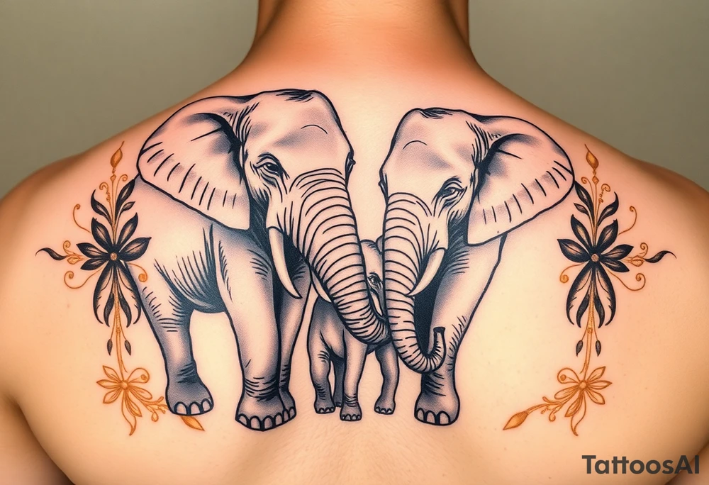 couple of elphants, a mother and a child
 facing foward tangling their trunks
sorrounded by a golden  art frame with beautiful design tattoo idea