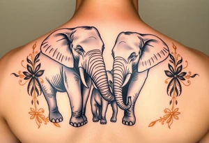 couple of elphants, a mother and a child
 facing foward tangling their trunks
sorrounded by a golden  art frame with beautiful design tattoo idea