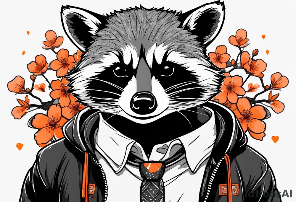 Raccoon wearing a white Superman logo on a black hoodie and orange Japanese cherry blossoms tattoo idea