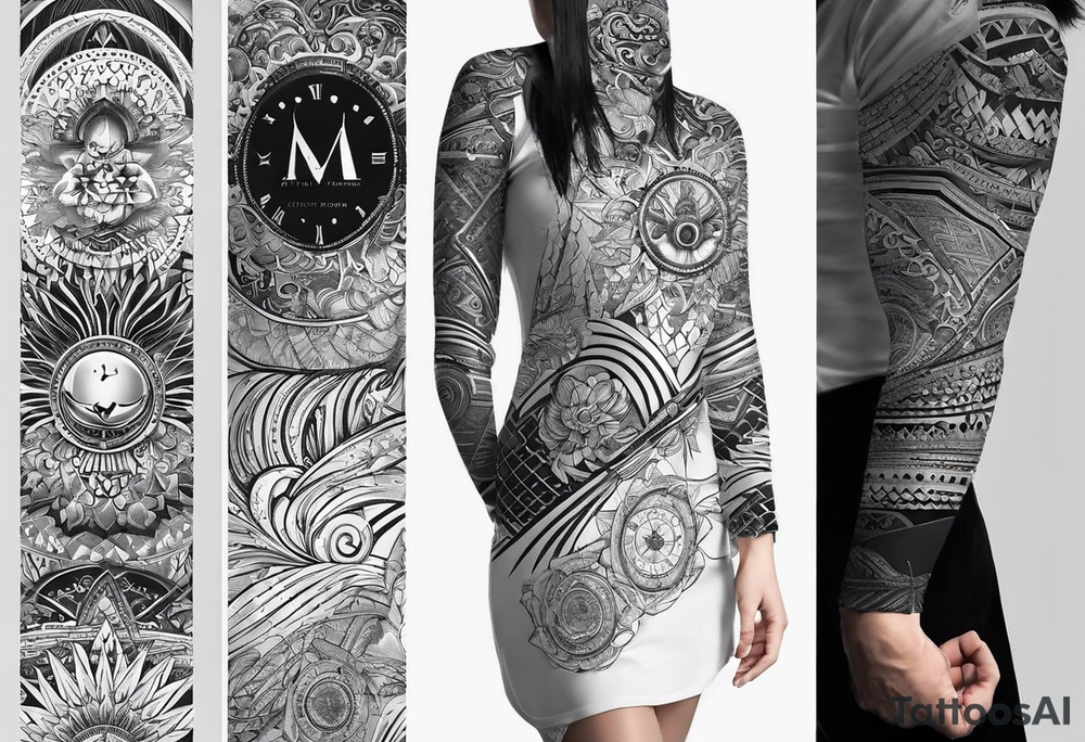 I want the sleeve to be about time space continuum, purpose, desire and ambition linked to it. I want the concept to me about how Miniscule we are in this universe but how we feel big and lose perspective and a sense of purpose. I also want Shiva to be added to the tattoo as shiva is considered the destroyer which scientifically goes back to big bang. SO create a tattoo for me in geometric design for my whole right arm tattoo idea