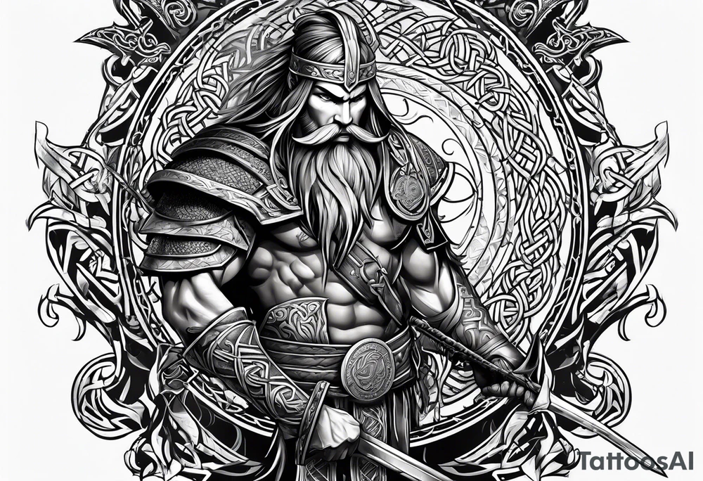 Side profile 
 of Celtic warrior with weapons unsheathed tattoo idea