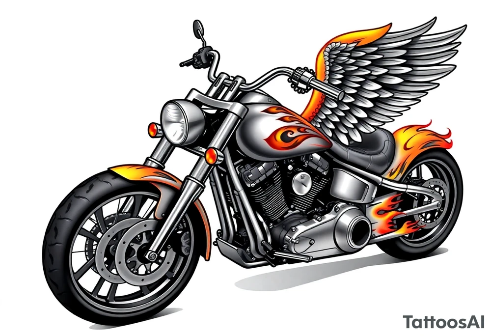 Low rider grey motorcycle, flames, angel wings tattoo idea