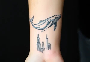 Blue whale flying above new york city tattoo idea